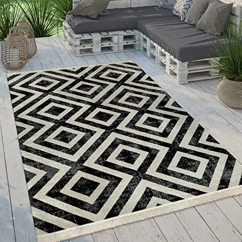 Produktbild: Paco Home Moderner Outdoor Teppich Geometrisches Rauten-Muster im Vintage-Look Flachgewebe Wetterfest & Pflegeleicht für Garten, Terrasse & Balkon, Grösse:60x100 cm, Farbe:Schwarz Weiß