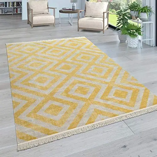 Produktbild: Paco Home Moderner Outdoor Teppich Geometrisches Rauten-Muster im Vintage-Look Flachgewebe Wetterfest & Pflegeleicht für Garten, Terrasse & Balkon, Grösse:80x150 cm, Farbe:Gelb-Weiß