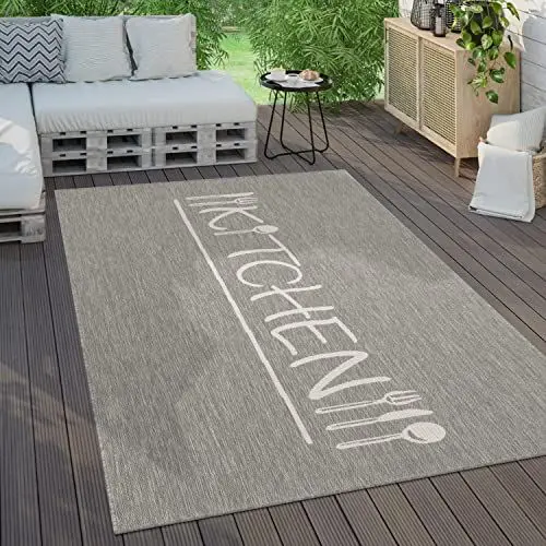 Produktbild: Paco Home Outdoor Teppich Wetterfest Wohnzimmer Balkon Küchenteppich Modernes Muster Mit Schriftzug, Grösse:160x220 cm, Farbe:Grau