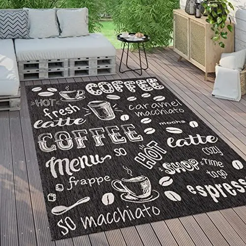 Produktbild: Paco Home Outdoor Teppich Wetterfest Wohnzimmer Balkon Küchenteppich Modernes Muster Mit Schriftzug, Grösse:80x250 cm, Farbe:Anthrazit 3