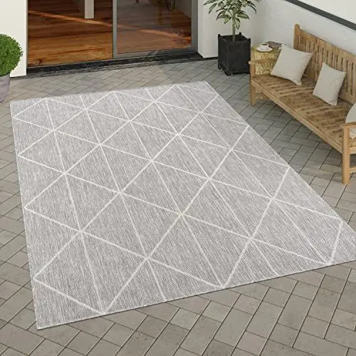 Produktbild: Paco Home Outdoor Teppich wetterfest modernes Boho Skandi Rauten-Muster Robustes Flachgewebe in Sisaloptik pflegeleicht ideal für Balkon, Terrasse & Küche, Grösse:80x150 cm, Farbe:Grau