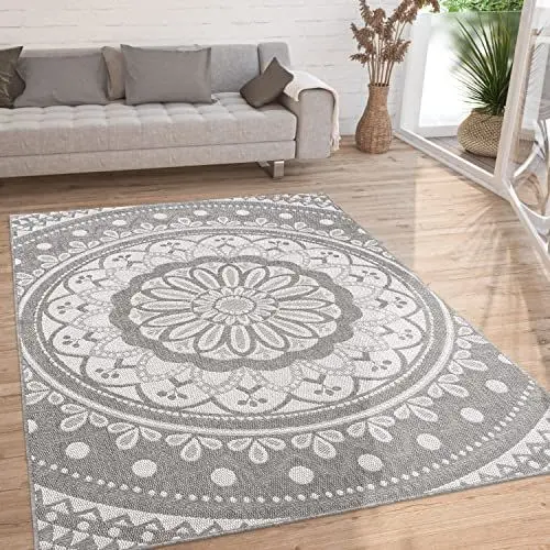 Produktbild: Paco Home Outdoor Teppich wetterfest & robust modernes Mandala & Boho Design pflegeleicht & flachgewebt für Balkon, Terrasse, Garten, Wohnzimmer & Küche Ethno Mandala, Grösse:60x100 cm, Farbe:Grau