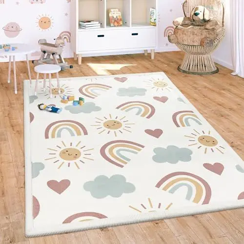 Produktbild: Paco Home Teppich Kinderzimmer Baby Krabbeldecke Krabbelmatte Spielmatte Waschbar rutschfest Regenbogen Planet Sonne Tiere Weich, Grösse:140x200 cm, Farbe:Bunt 2