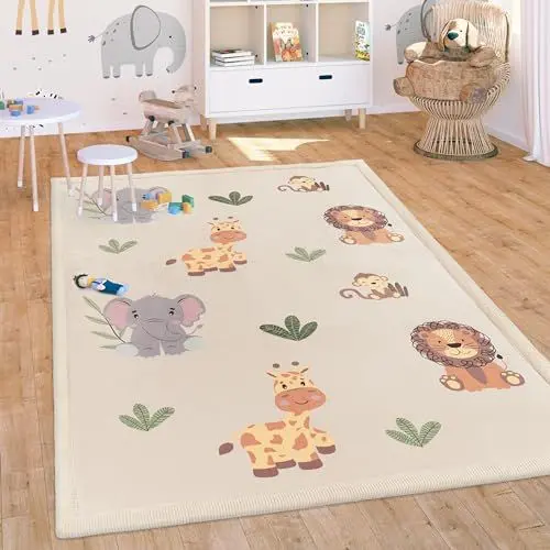 Produktbild: Paco Home Teppich Kinderzimmer Baby Krabbeldecke Krabbelmatte Spielmatte Waschbar rutschfest Regenbogen Planet Sonne Tiere Weich, Grösse:80x150 cm, Farbe:Beige