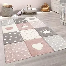 Produktbild: Paco Home Teppich Kinderzimmer Junge Mädchen Kinderteppich Spielteppich Kurzflor 3D Optik Pastell Punkte Herzen Krone, Grösse:80x150 cm, Farbe:Pink