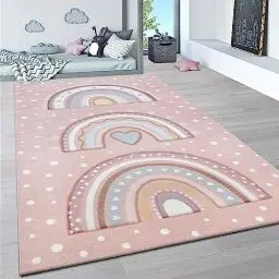Produktbild: Paco Home Teppich Kinderzimmer Junge Mädchen Kinderteppich Spielteppich Kurzflor Regenbogen Modern 3D Pastell Sterne Berge Wolken, Grösse:140x200 cm, Farbe:Rosa 2