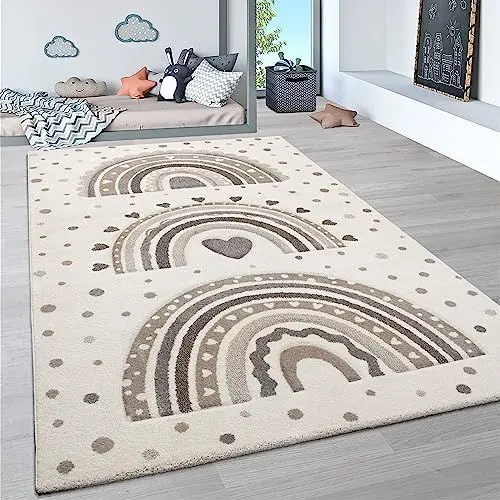Produktbild: Paco Home Teppich Kinderzimmer Junge Mädchen Kinderteppich Spielteppich Kurzflor Regenbogen Modern 3D Pastell Sterne Berge Wolken, Grösse:160x230 cm, Farbe:Beige 3