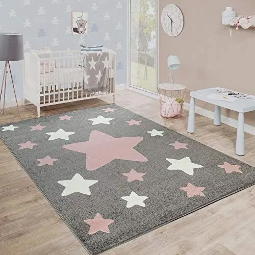 Produktbild: Paco Home Teppich Kinderzimmer Kinderteppich Große Und Kleine Sterne In Grau Rosa, Grösse:Ø 160 cm Rund