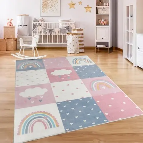 Produktbild: Paco Home Teppich Kinderzimmer Kinderteppich Spielteppich Kurzflor rutschfest Krone Herzen Punkte Sonne Regenbogen Buchstaben, Grösse:140x200 cm, Farbe:Grau-Rosa
