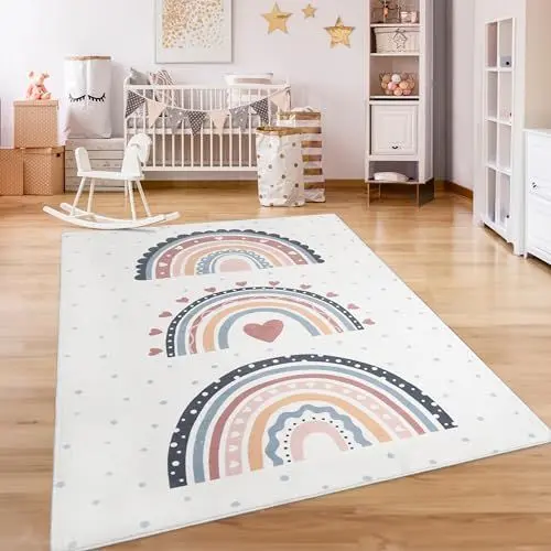 Produktbild: Paco Home Teppich Kinderzimmer Kinderteppich Spielteppich Kurzflor rutschfest Krone Herzen Punkte Sonne Regenbogen Buchstaben, Grösse:120x160 cm, Farbe:Bunt 2
