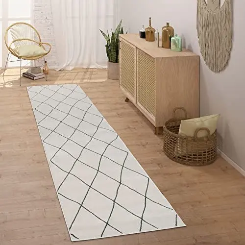 Produktbild: Paco Home Teppich Läufer Flur Schlafzimmer Kurzflor Modern Skandinavisch Rautenmuster, Grösse:80x300 cm, Farbe:Weiß 2