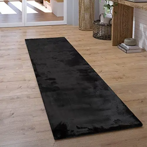 Produktbild: Paco Home Teppich Läufer Hochflor Wohnzimmer Flur Flauschig Schlafzimmer Fell Kunstfell Modern Fellimitat Einfarbig, Grösse:60x90 cm, Farbe:Schwarz