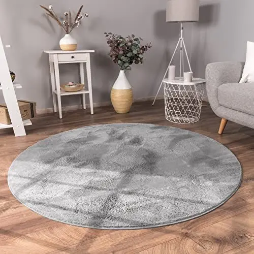 Produktbild: Paco Home Teppich Wohnzimmer Kunstfell weich waschbar modern elegant pflegeleicht Felloptik Uni Seidenglanz flauschig Kurzflor, Grösse:Ø 100 cm Rund, Farbe:Anthrazit