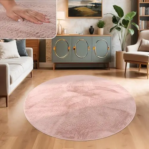 Produktbild: Paco Home Teppich Wohnzimmer Kunstfell weich waschbar modern elegant pflegeleicht Felloptik Uni Seidenglanz flauschig Kurzflor, Grösse:Ø 100 cm Rund, Farbe:Pink