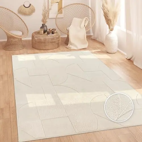 Produktbild: Paco Home Teppich Wohnzimmer Schlafzimmer Hochflor Skandinavisches Muster Boho Optik Weich Uni 3D Optik Abstrakt Waschbar Creme, Grösse:160x220 cm