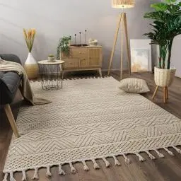 Produktbild: Paco Home Teppich Wohnzimmer Schlafzimmer Kurzflor Skandinavisches Boho Muster Geometrische Optik Einfarbig Fransen Moderne Deko, Grösse:240x340 cm, Farbe:Creme