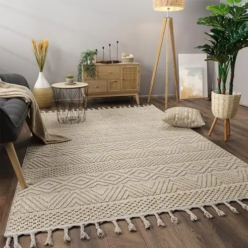 Produktbild: Paco Home Teppich Wohnzimmer Schlafzimmer Kurzflor Skandinavisches Boho Muster Geometrische Optik Einfarbig Fransen Moderne Deko, Grösse:240x340 cm, Farbe:Creme
