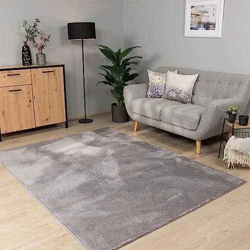 Produktbild: Paco Home Teppich Wohnzimmer Schlafzimmer Kurzflor Waschbar Einfarbiges Muster Flauschig Weich rutschfest Moderne Deko, Grösse:60x100 cm, Farbe:Grau