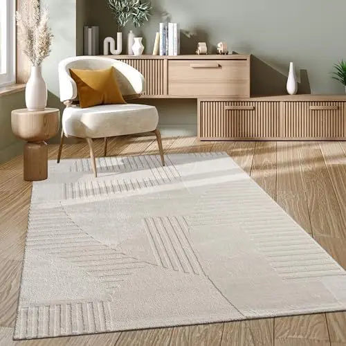 Produktbild: Paco Home Teppich Wohnzimmer Schlafzimmer moderner Kurzflor Abstrakte Organische Designs Geometrisch 3D Effekt hochwertig weich Creme, Grösse:160x230 cm, Farbe:Creme 3