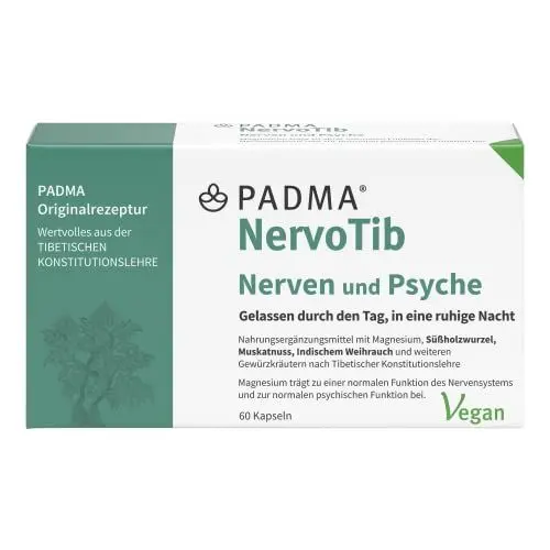 Produktbild: PADMA NervoTib Tibetische Kräuterrezeptur mit Magnesium. Dieses unterstützt Nerven, Psyche, Energiestoffwechsel & verringert die Müdigkeit. 60 Kapseln