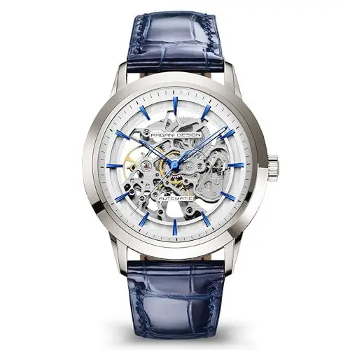 Produktbild: Pagani Design 1638 Herrenuhr 43MM Skelettierte Automatik Herrenuhr mit Saphirglasgehäuse Edelstahlgehäuse Lederarmband Luxus Sportuhr. (Silberblau)