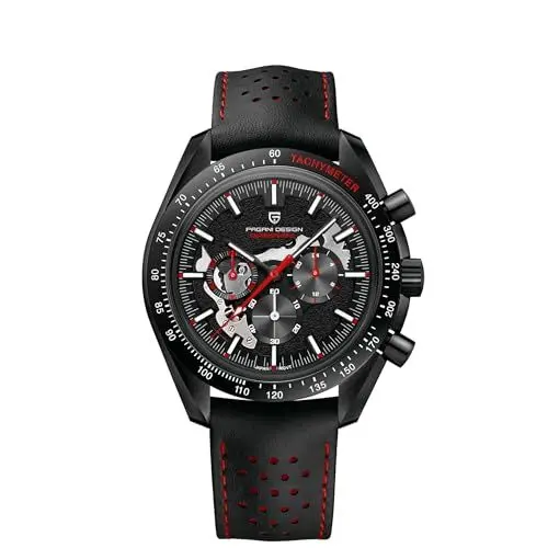Produktbild: Pagani Design 1779 Luxus Herren Quarzuhr Mond Chronograph Skelett AR Synthetischer Saphir VK63 Uhrwerk Lederband Wasserdicht Sportuhr Full Schwarz, rot