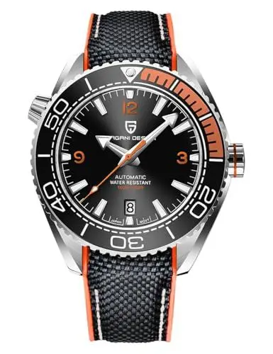 Produktbild: Pagani Design Herrenuhr mit Automatikaufzug, wasserdicht bis 100 Meter, mechanisch, Lünette aus Keramik und Kaliber NH35, Saphirglas, automatische Taucheruhr (Orange)