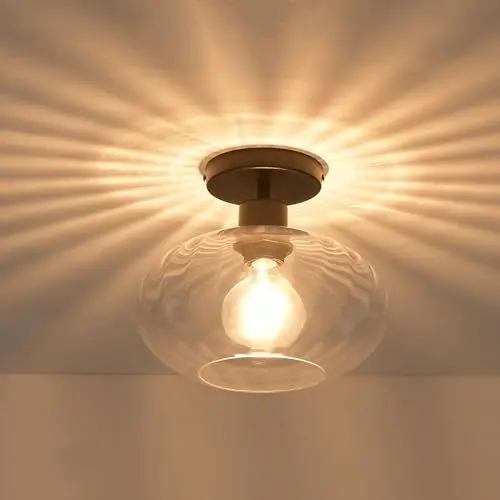 Produktbild: Pageone Modern Glas Deckenlampe für Flur, Schwarz Badezimmer Deckenleuchte E27 1-Flammig Bad lampe mit Klar Glas Lampeschirme für Korridor Kleine Zimmer Kitchen Ø25cm (Ohne Glühbirne)