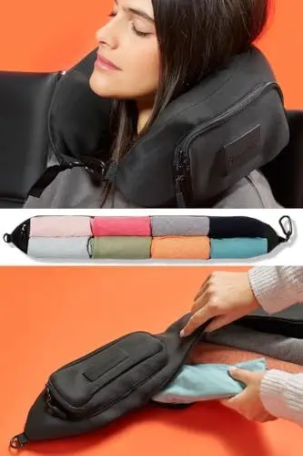 Produktbild: PAGONGO TRAVELLERO Nackenkissen Befüllbar, Reise Gadgets Flugzeug, Flug Gadgets, Travel Accessories, The Secret Pillow, Befüllbares Nackenkissen, Nackenkissen Flugzeug Befüllbar, Schwarz M