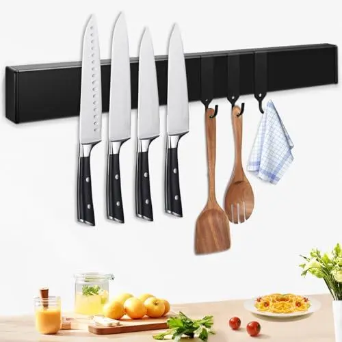 Produktbild: Pailexin Magnetleiste Messer mit 3 Haken, schwarz Messerhalter magnetisch ohne Bohren für die Wand, Powerful Magnet Messerhalter enthalten Band und Schrauben (Schwarz, 40 cm)