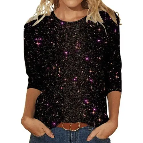 Produktbild: Pailletten Oberteil Damen Elegant Glitzer Tops festliches Outfit Metallic Oberteil 3/4-äRmel Hemdbluse (Black, L)