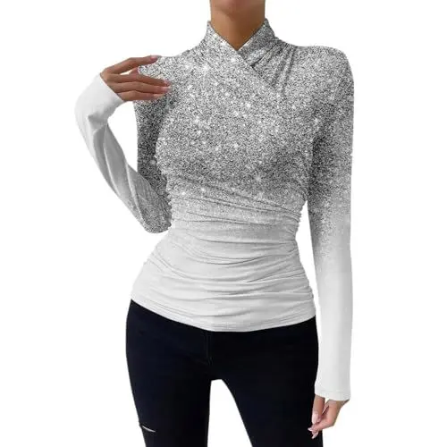 Produktbild: Pailletten Oberteil Damen Glitzer Damen Outfit Satinblusen Für Damen Glänzend Weiße Bluse Mit Pailletten Bluse Gold Shirt Mit Glitzer Damen Festliches Oberteil Damen Glitzer Gold Oberteil