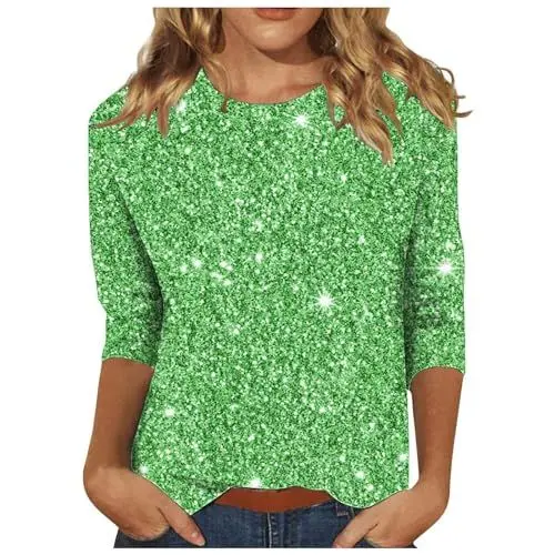 Produktbild: Pailletten Oberteil Damen Langarm Elegant T-Shirt Festival Sommershirts Modische Langarmshirts Musterdruck Blusen LangäRmelige Formelle Silvester Aesthetic Glitzertop Schlank LäSsige