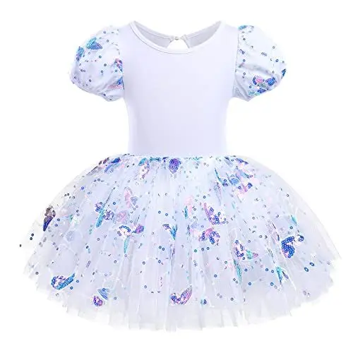 Produktbild: Pailletten Schmetterling Ballerina Kostüm Mädchen Tutu Ballettkleid Ballettkleidung Puffärmel Kurzarm Gymnastikanzug Turnanzug Tüllrock Tanzkleid Kinder Ballettkleidung Tanzkleidung Weiß 3-4 Jahre