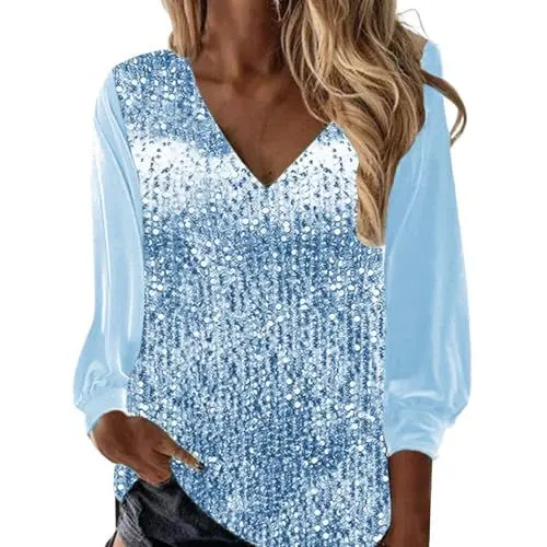 Produktbild: Pailletten Top Für Damen V-Ausschnitt Oberteil Langarm Longshirt Sparkle Party Sequin Tunika Bluse Lässig Karneval T Shirt Große Größen Glitzer Glitzershirt Blusentop Festliche Party Outfit