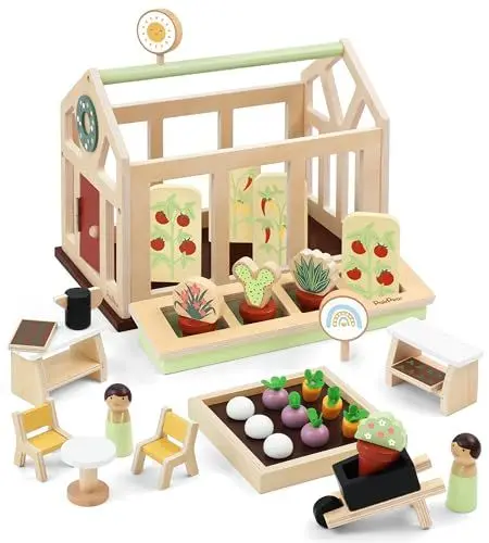 Produktbild: PairPear Puppenhaus Möbel Blumengarten Spielhaus Set, Holzspielzeug für Kleinkinder Puppenhaus Garten Spielzeug, Rollenspiel Lebensmittel Set für Mädchen und Jungen ab 3 Jahren Flower Garden Toy