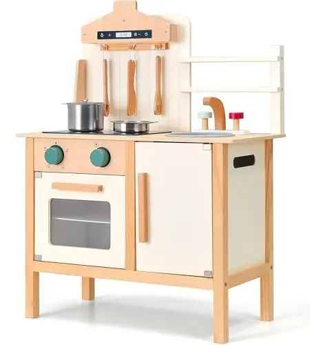 Produktbild: PairPear Spielküchen aus Holz für Kinder mit Metalltöpfen & Kochzubehör, 3-stufig höhenverstellbar, Spielküche mit Holzutensilien, Geeignet für Kinder ab 3 Jahren