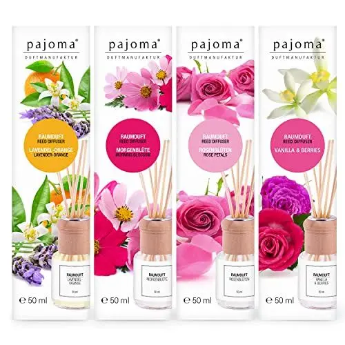 Produktbild: pajoma Raumduft Set, 4X 50ml Duftrichtung Morgentau, Rosenblüten, Lavendel-Orange, Vanilla & Berries