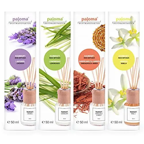 Produktbild: pajoma Raumduft Set, 4 x 50ml Raumdüfte Made in Germany Lavendel, Sandelholz & Amber, Vanille, Lemongras, Raumerfrischer