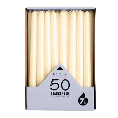 Produktbild: pajoma® Stabkerzen Elfenbein - 50 Stück | Höhe 25 cm, Ø 2 cm | Brenndauer ca. 7 Std. | Vielseitig als Tisch-, Deko-, Weihnachtskerze & für Gastro-Events