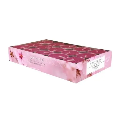Produktbild: pajoma® Teelichte 30 Stück, Wildkirsche | Duft-Teelichte in Aluminiumhülle, Brenndauer ca. 4 Stunden - Höhe 1,5 cm ø 3,5 cm | Premium Qualität | Deko, Gastronomie, Outdoor, Party, Windgläser, Hochzeit