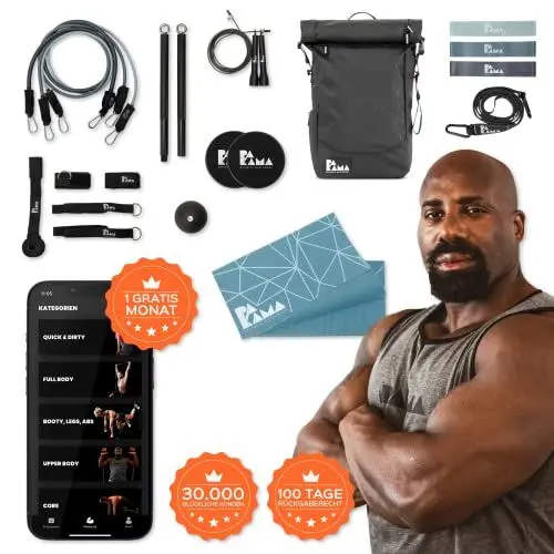 Produktbild: PAKAMA - Sports Bag 2.0 (10-teilig) Fitnessstudio in einem Sport-Rucksack - XXL Set Fitness & Krafttraining mit Widerstandsbänder, Theraband, Resistance Bands, Springseil, Sportmatte, Schlingentrainer