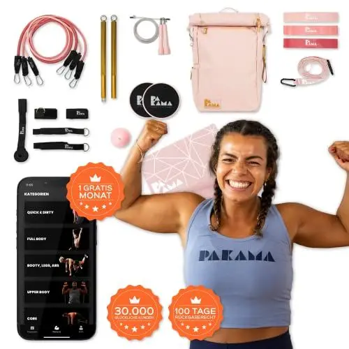 Produktbild: PAKAMA - Sports Bag 2.0 (10-teilig) Fitnessstudio in einem Sport-Rucksack - XXL Set Home Gym Krafttraining mit Widerstandsbänder, Resistance u. Fitness-Band, Springseil, Trainingsmatte, Sling Trainer