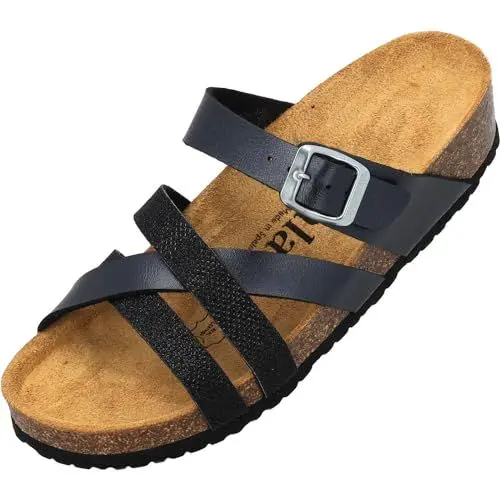Produktbild: Palado Pantoletten Damen Balmur - modische Sandalen Made in Spain - Hausschuhe mit Kork-Fußbett - bequeme Sommerschuhe Schwarz Metallic UK7 - EU40