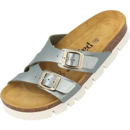 Produktbild: Palado Plateau-Pantoletten Damen Arrila PL - bequeme Sandalen Made in Spain - Hausschuhe mit Kork-Fußbett - modische Sommerschuhe Khaki Metallic UK8 - EU41