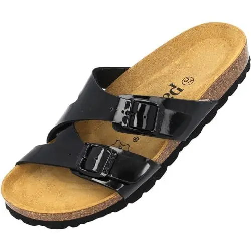 Produktbild: Palado Pantoletten Damen Arrila - bequeme Sandalen Made in Spain - Hausschuhe mit Kork-Fußbett - modische Sommerschuhe Schwarz Lack UK7 - EU40