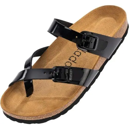 Produktbild: Palado Pantoletten Damen Cres Lack – bequeme Sandalen Made in Spain - Hausschuhe mit dampfendem Kork-Fußbett - modische Sommerschuhe Schwarz UK6 - EU39
