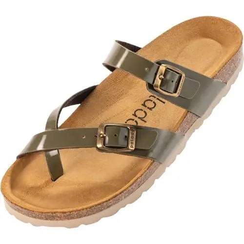 Produktbild: Palado Pantoletten Damen Cres Lack – bequeme Sandalen Made in Spain - Hausschuhe mit dampfendem Kork-Fußbett - modische Sommerschuhe Olive UK6 - EU39