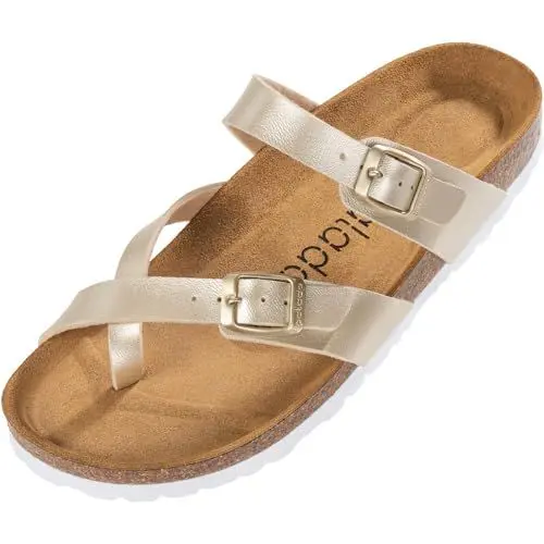 Produktbild: Palado Pantoletten Damen Cres Metallic - elegante Sandalen Made in Spain - bequeme Hausschuhe mit dämpfendem Kork-Fußbett - modische Sommerschuhe Gold UK6 - EU39