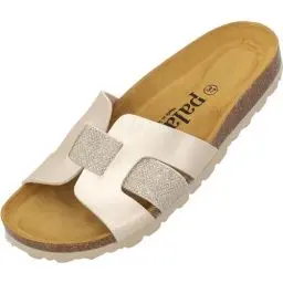 Produktbild: Palado Damen Pantoletten Crisui - Sandalen mit glitzer Band - Hausschuhe mit Natur Kork-Fussbett - bequeme Schuhe mit Sohle aus feinstem Velourleder Gold Metallic UK4,5 - EU37